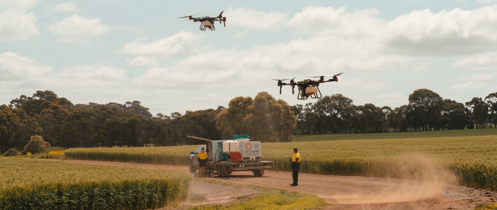 Agricultural drones in flight over a paddock with support crew and truck